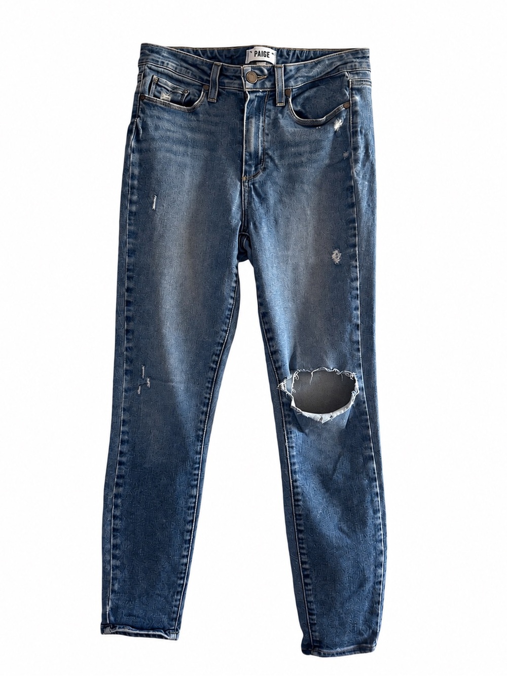 PAIGE Medium Blue Ripped High-Rise Skinny Jeans